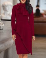 HipGlamp Women's Fashion Peplum Bodycon Dresses Short Sleeve Bow Club Ruffle Pencil Party Dress - Image 2